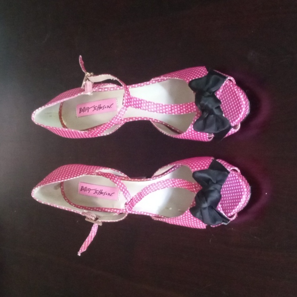 Betsey Johnson Pink Polka Dot Sandals with Black Bow